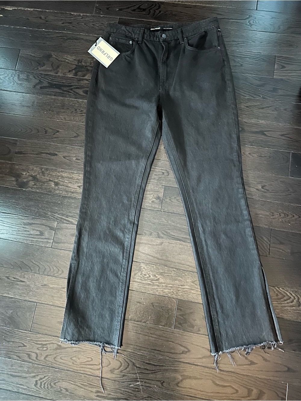 Harlow GRLFRND Dark brown High-Rise Straight-Leg Raw Hem Jeans with cool slit